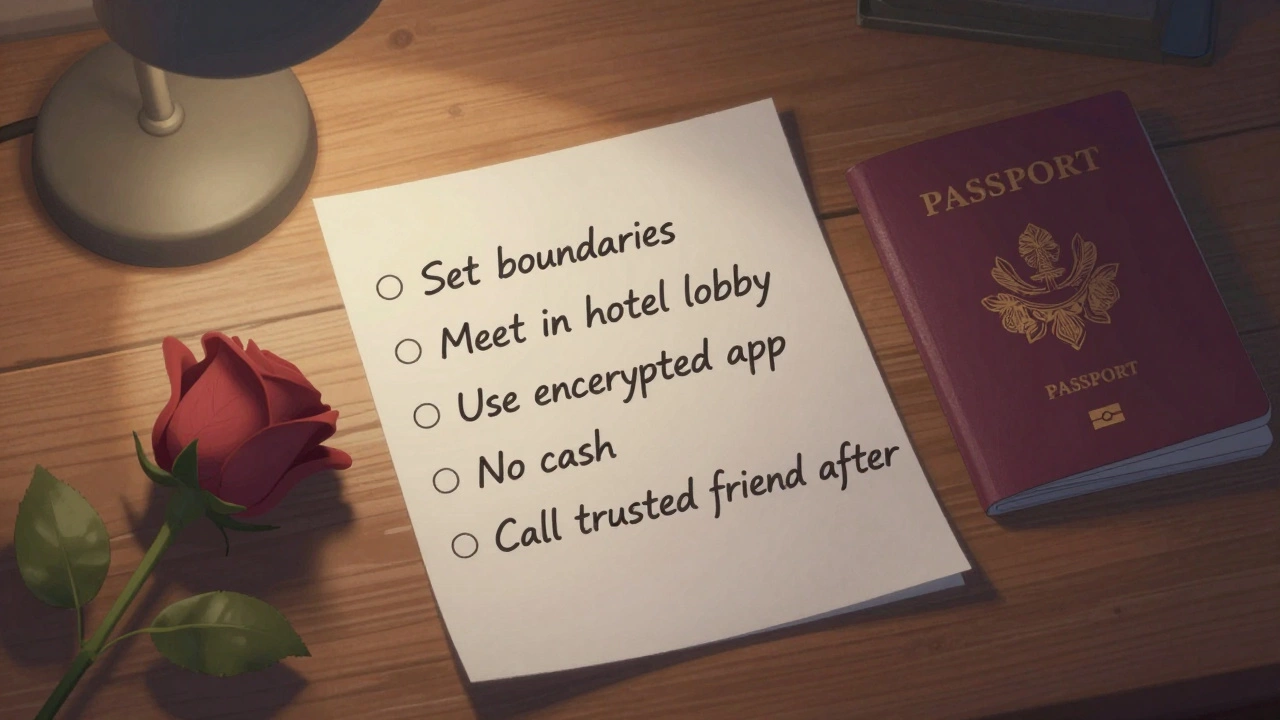 A handwritten list of safety tips rests on a wooden desk beside a passport and a single rose.