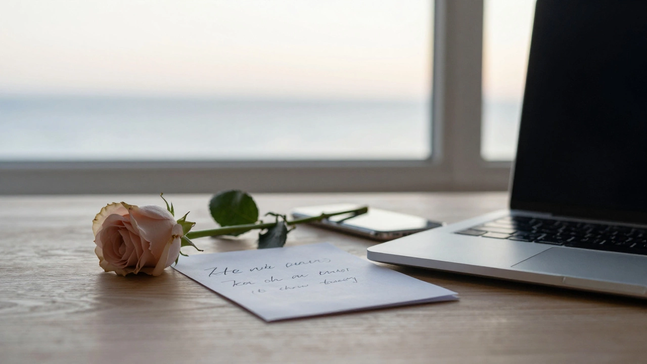 A handwritten note and rose on a wooden table beside a closed laptop, with dawn light through a window.