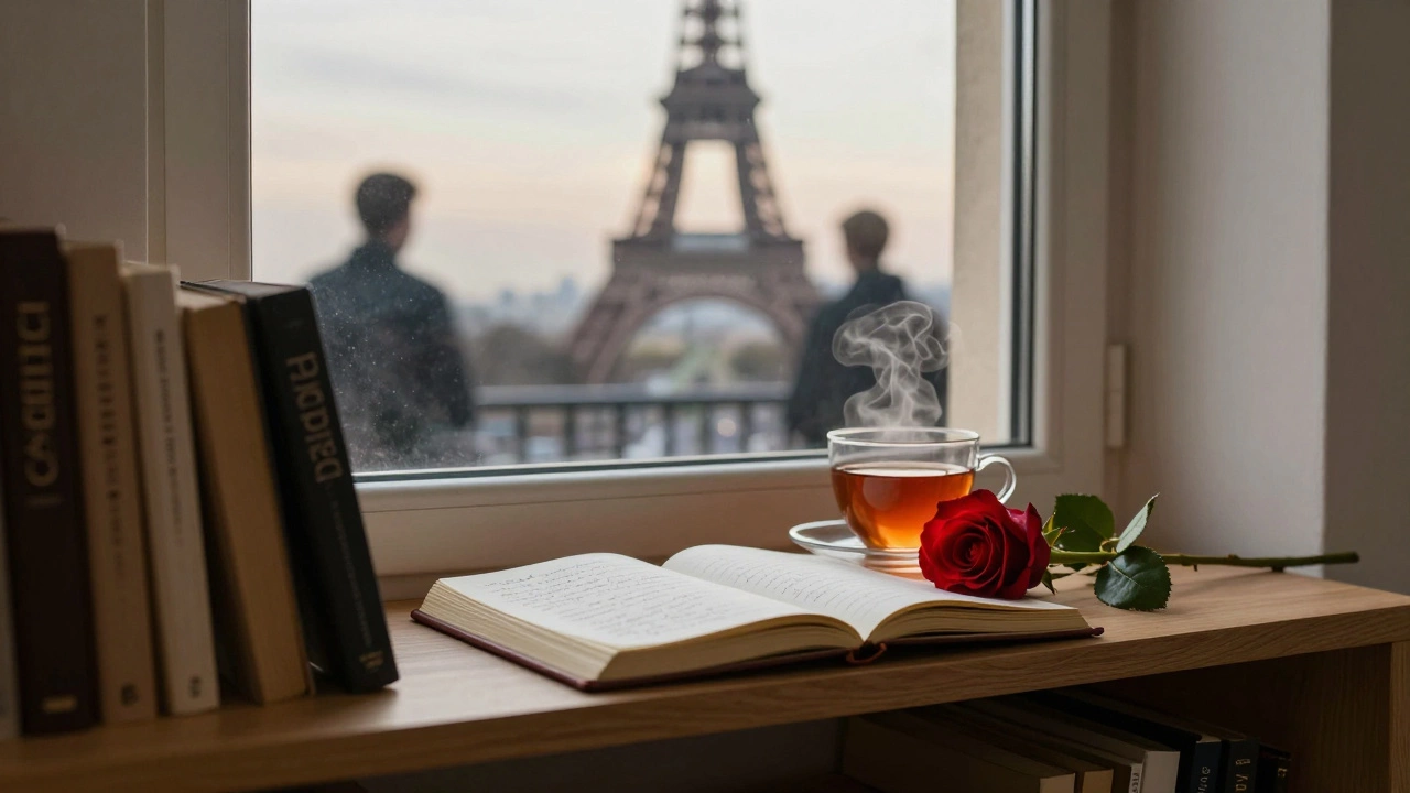 A personal journal and tea sit by a window in Paris, the Eiffel Tower glowing faintly in the distance.