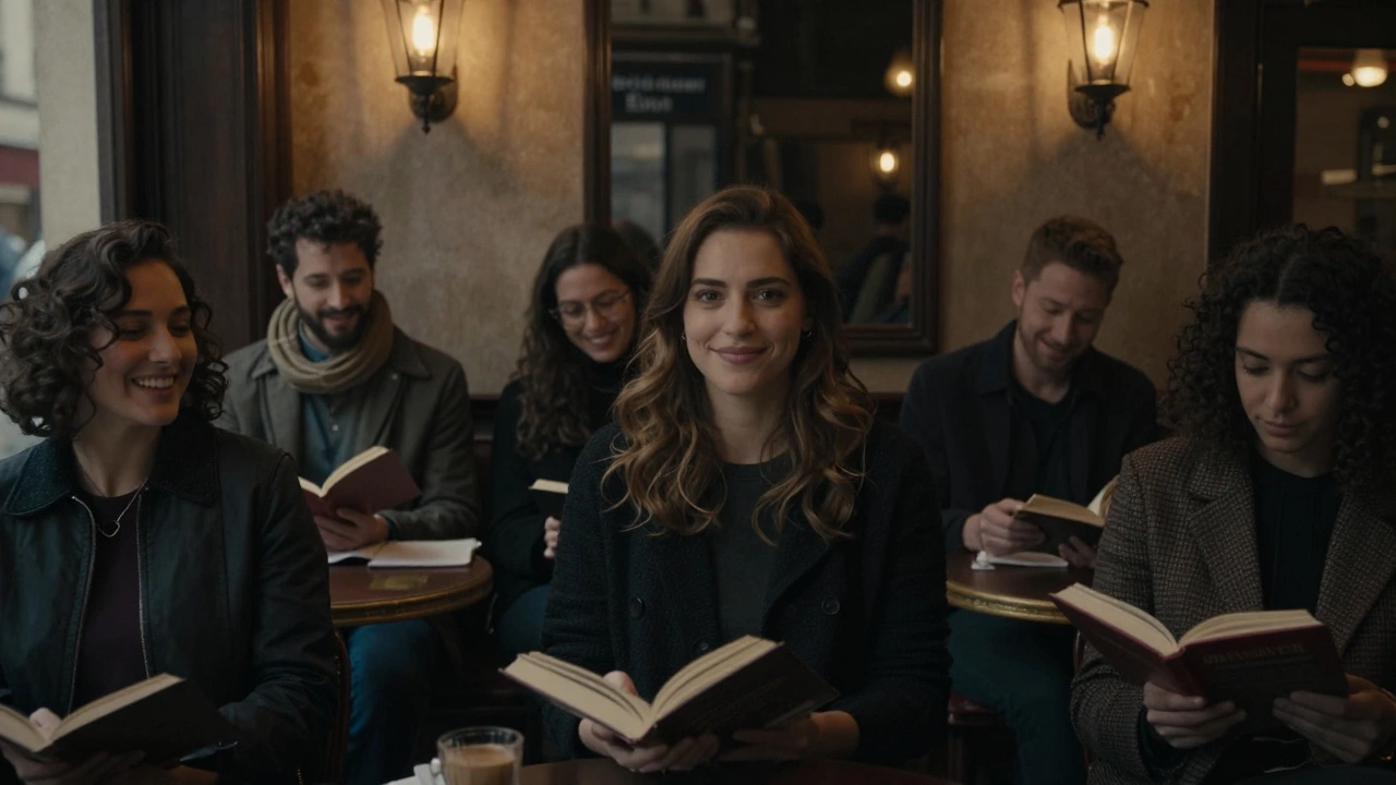 A quiet group gathers in a Parisian café, connected through presence, not words.