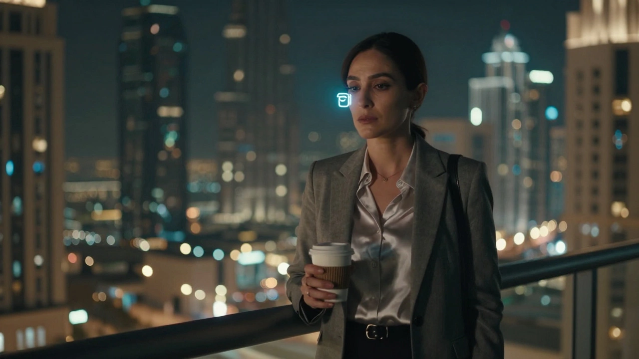 A woman in her late 30s stands on a high-rise balcony in Dubai, gazing at the city lights with quiet resolve.